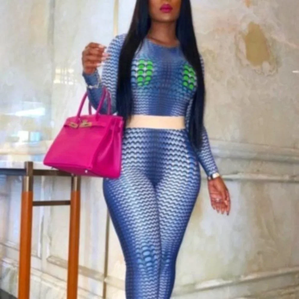 Stasia Skewed: Blue Dotted Illusion Bodycon Crop Top & Pant Set - Picture 13 of 15